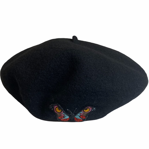 VHTF: Valfre ☻︎ Social Butterfly Embroidered Beret Hat ☻︎ Black Wool ☻︎ Colorful - Picture 15 of 17